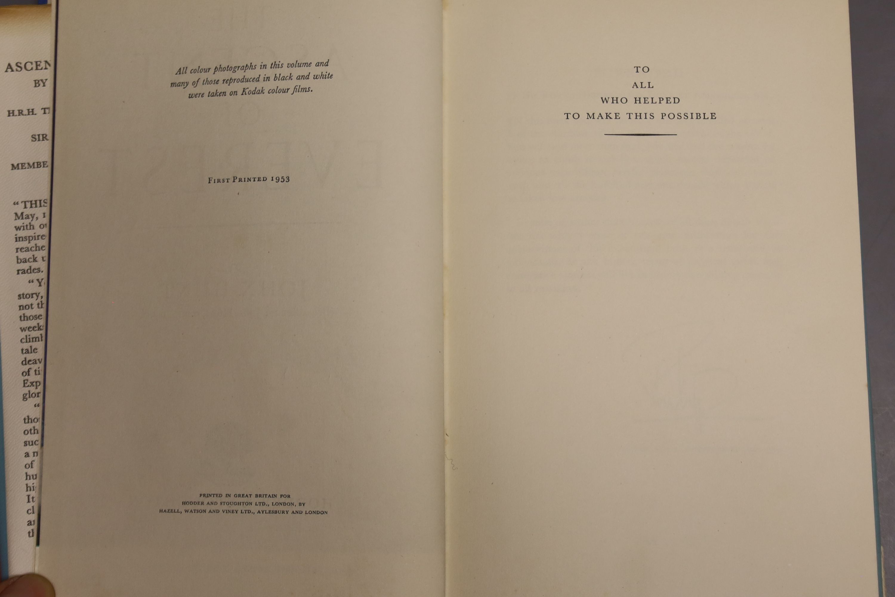 Hunt, John – The Accent Of Everest, first edition, hardback, 8vo, signed by George Band and Mike Westmacott, [two of the mountaineers with Edmund Hillary in the successful expedition] (dj present, some scuffing, small te